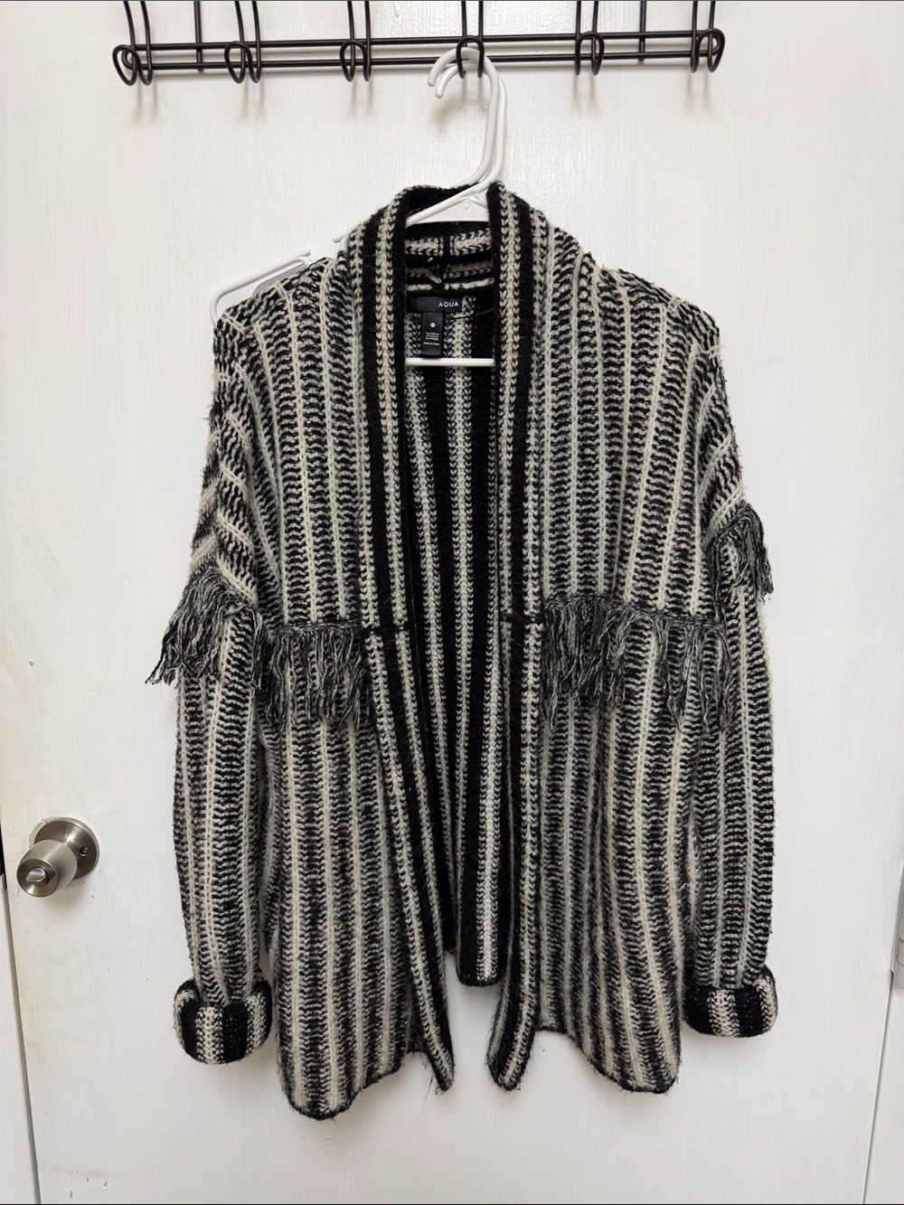Aqua Black & Cream Striped Fringe Open-Front Cardigan